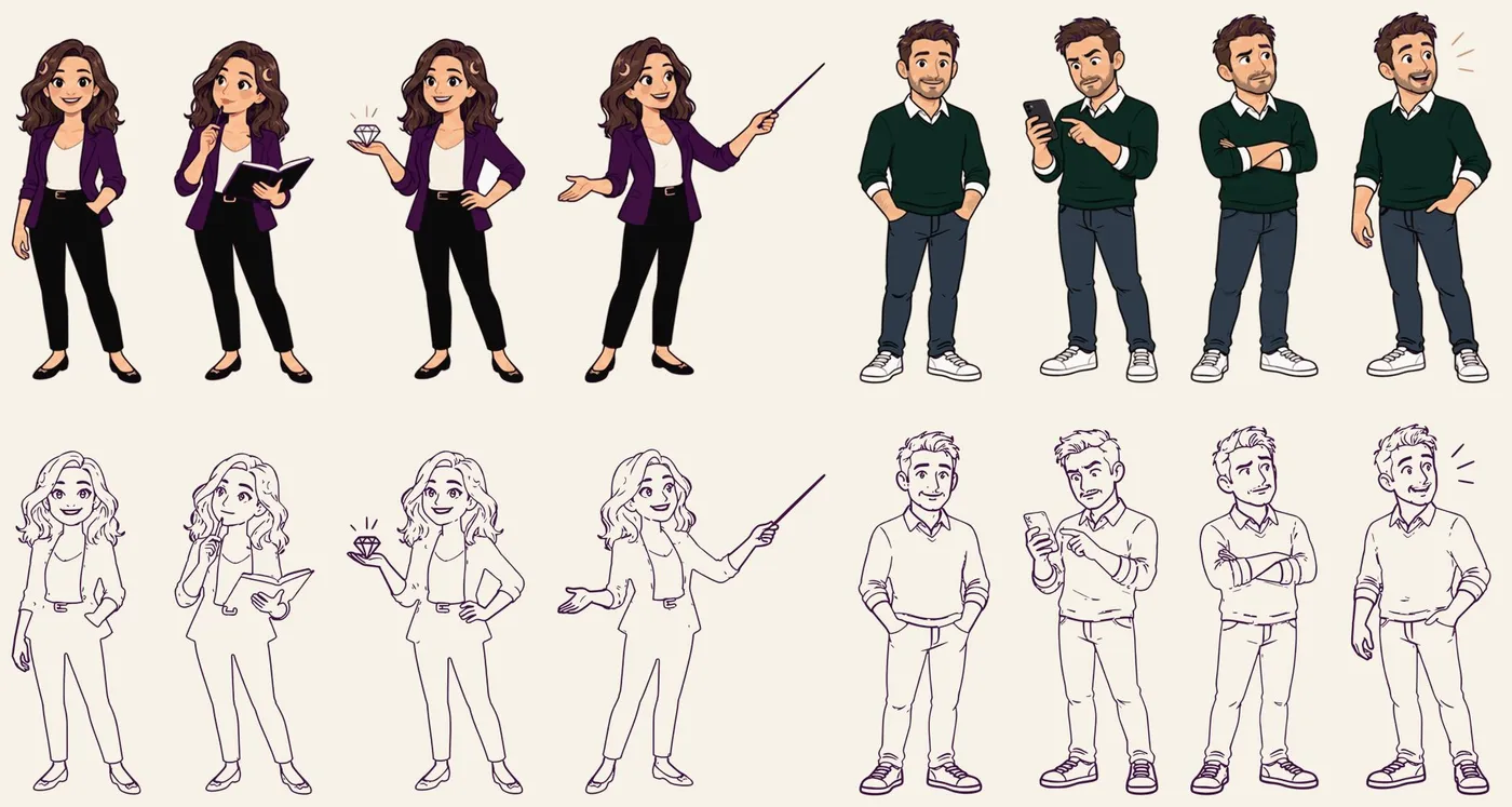 Gezeichnete Figuren in verschiedenen Posen, Vorlage für Whiteboard-Erklärfilme