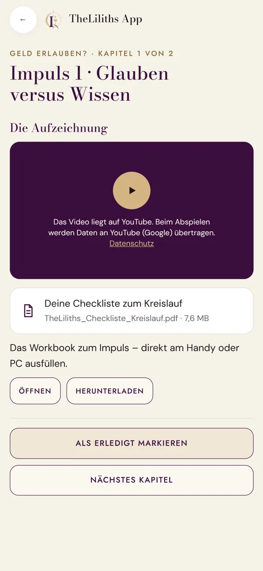 Kapitel im Kursbereich mit Video, Checkliste zum Herunterladen und Knopf „Als erledigt markieren“