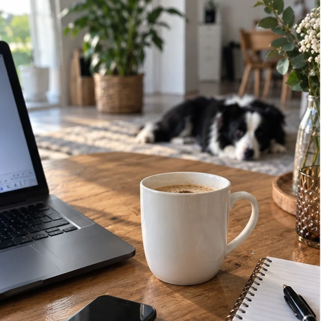 Arbeitsplatz mit Laptop und Kaffee in einem gemütlichen Wohnraum